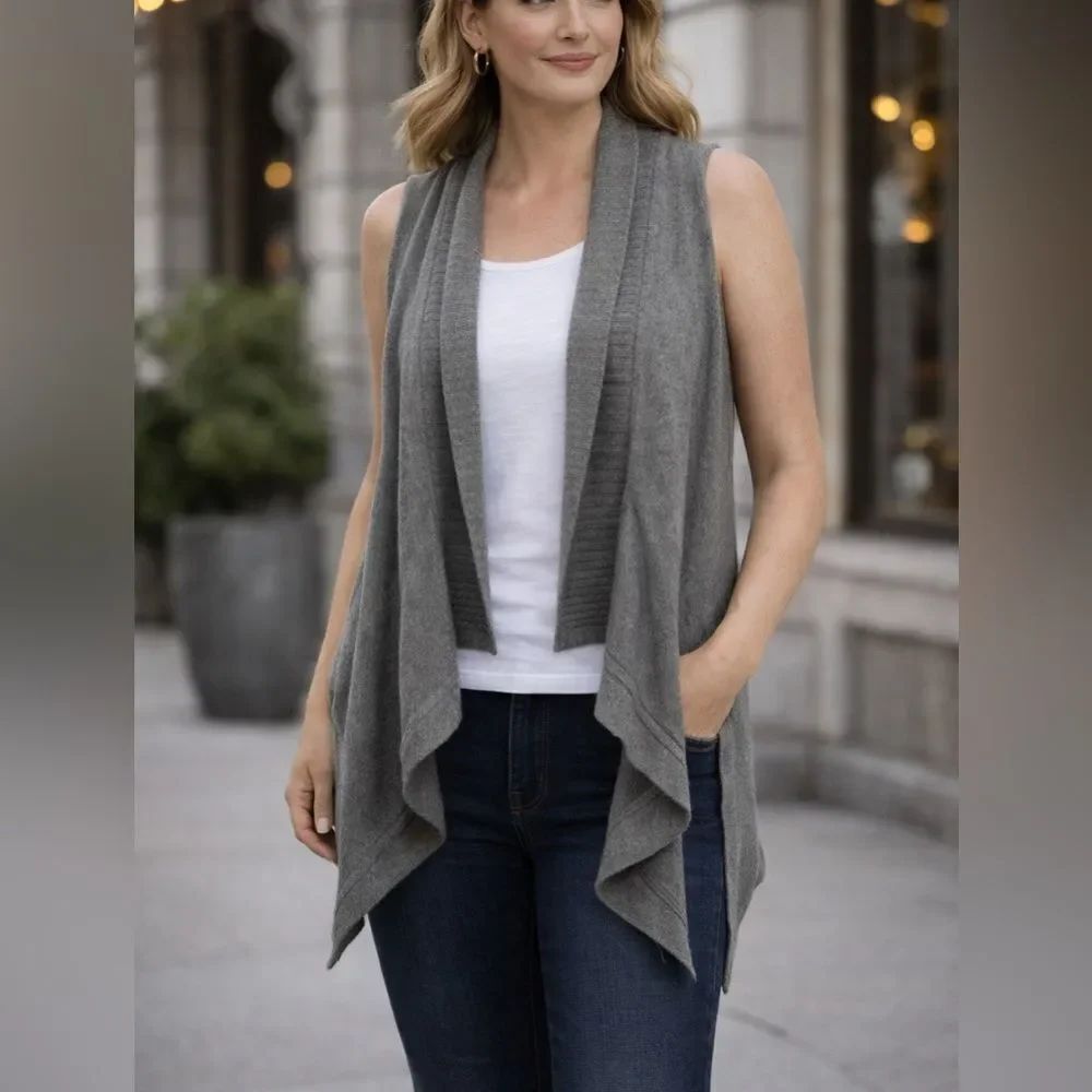 M by Michael Stars Gray Sleeveless Draped Cardigan Wool Cashmere One Size